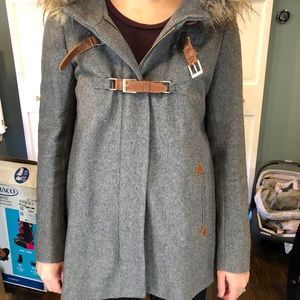 Sz 6 Anthropologie grey wool coat, fur trim hood
